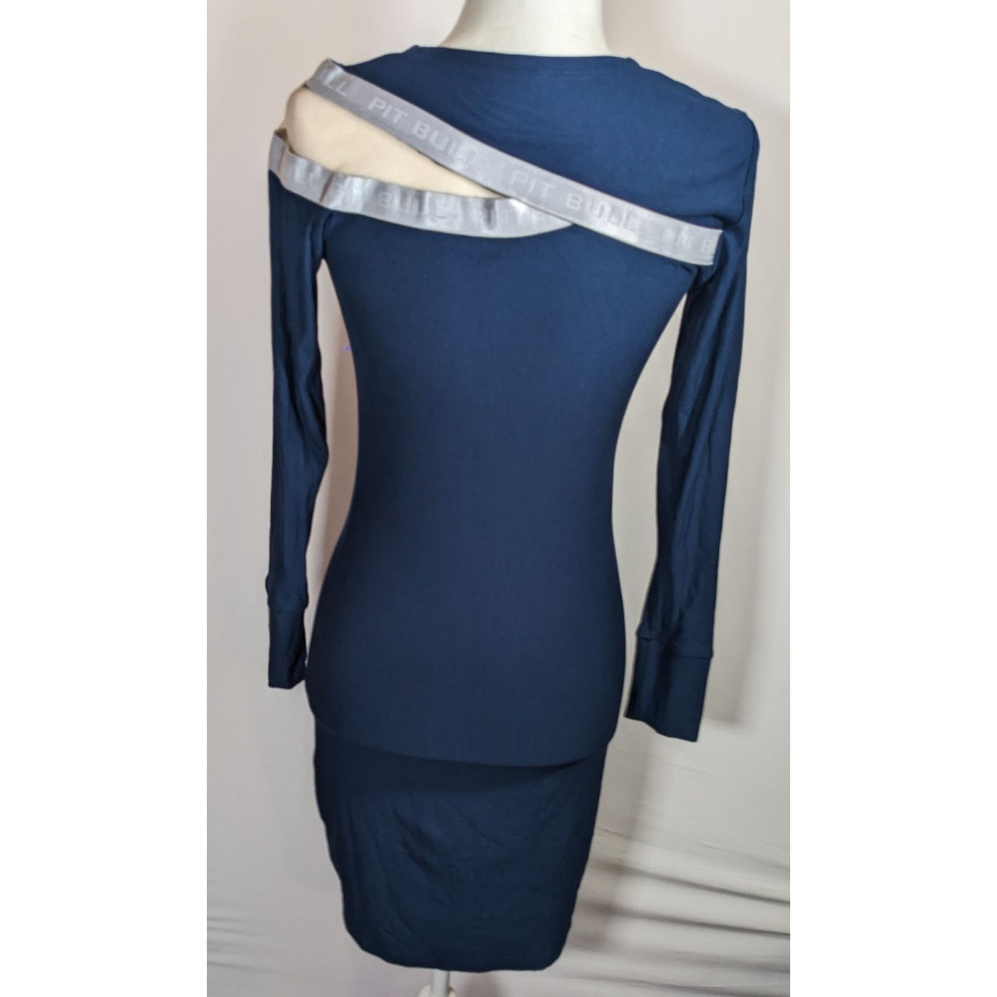 Pitbull Jeans Sporty Blue And Silver Bodycon Dress With Mesh Shoulder Cutout