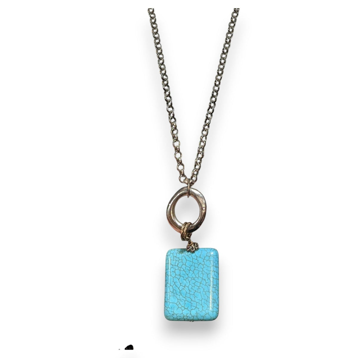 Southwestern Boho Faux Turquoise Blue Silver Tone Pendant Necklace 26 Inch