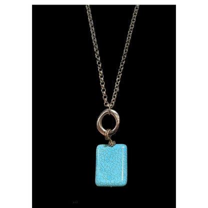 Southwestern Boho Faux Turquoise Blue Silver Tone Pendant Necklace 26 Inch
