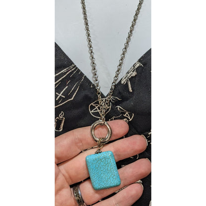 Southwestern Boho Faux Turquoise Blue Silver Tone Pendant Necklace 26 Inch