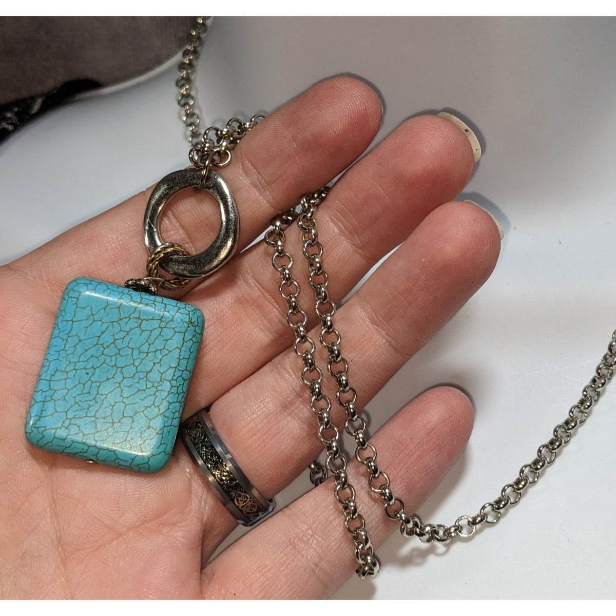 Southwestern Boho Faux Turquoise Blue Silver Tone Pendant Necklace 26 Inch