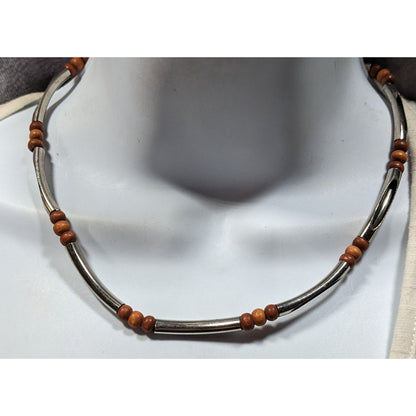 Vintage 90s Brown And Silver Tone Open Tube Beaded Necklace
