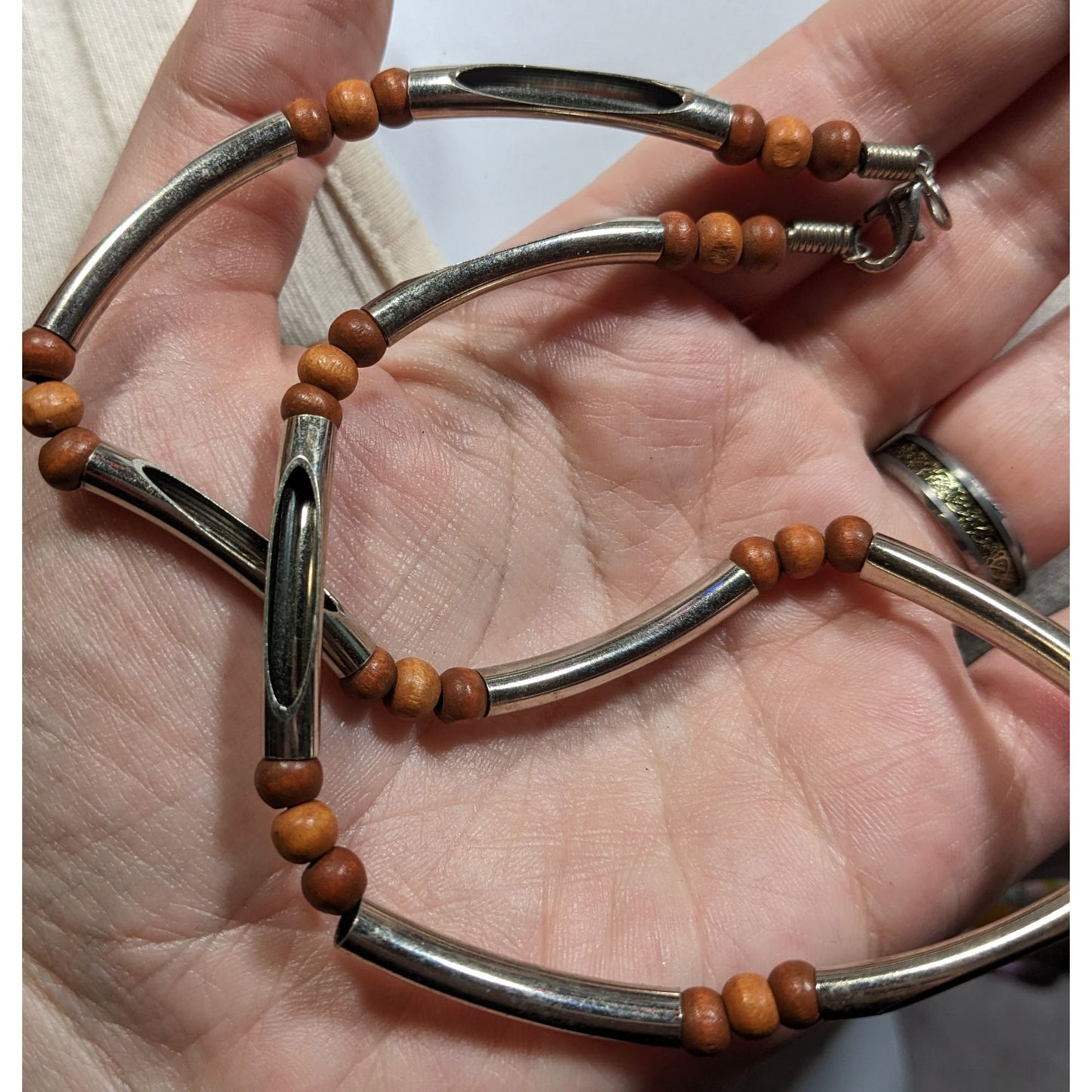 Vintage 90s Brown And Silver Tone Open Tube Beaded Necklace