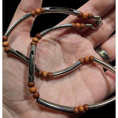 Vintage 90s Brown And Silver Tone Open Tube Beaded Necklace