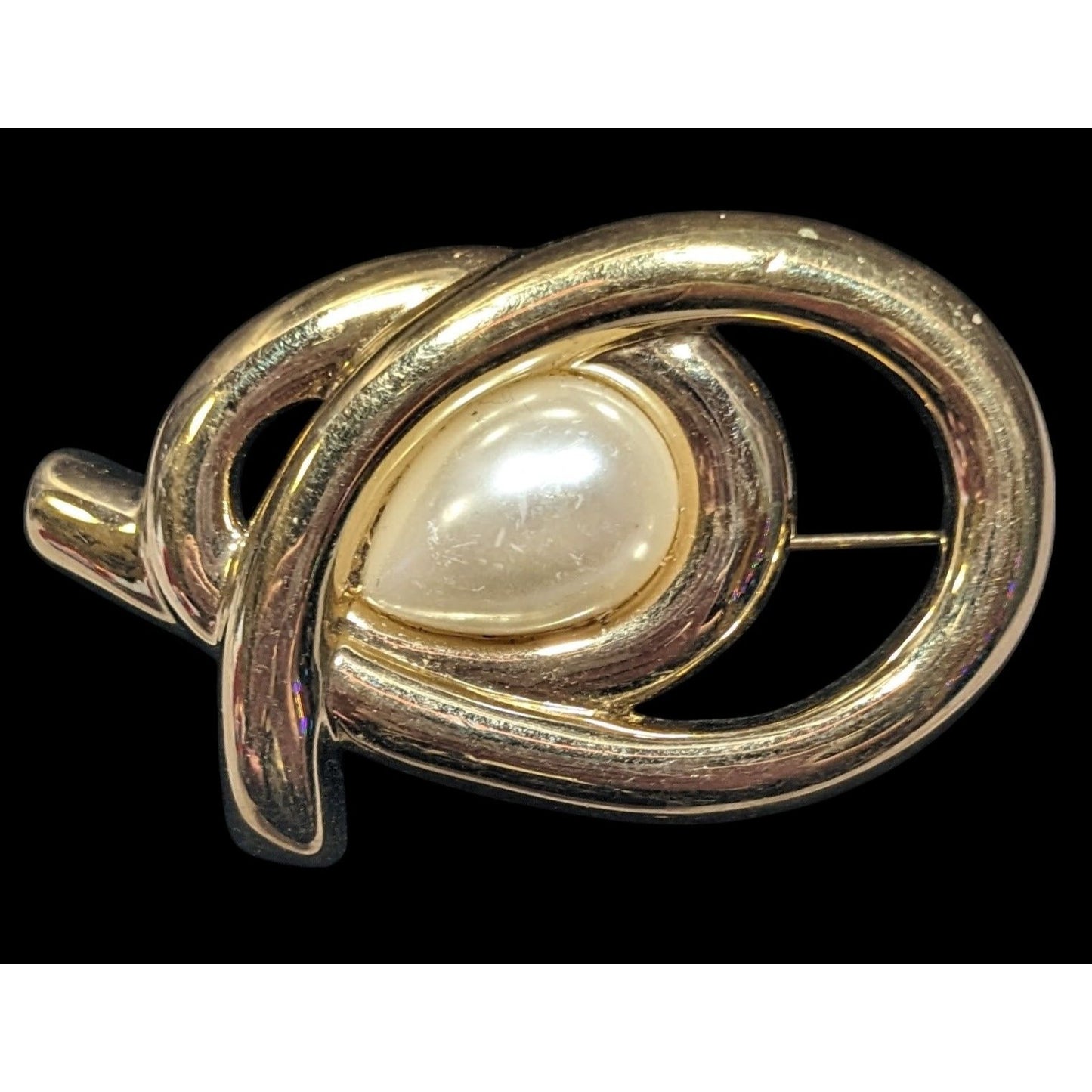 Vintage Abstract Gold Tone Brooch With Faux Pearl Accent