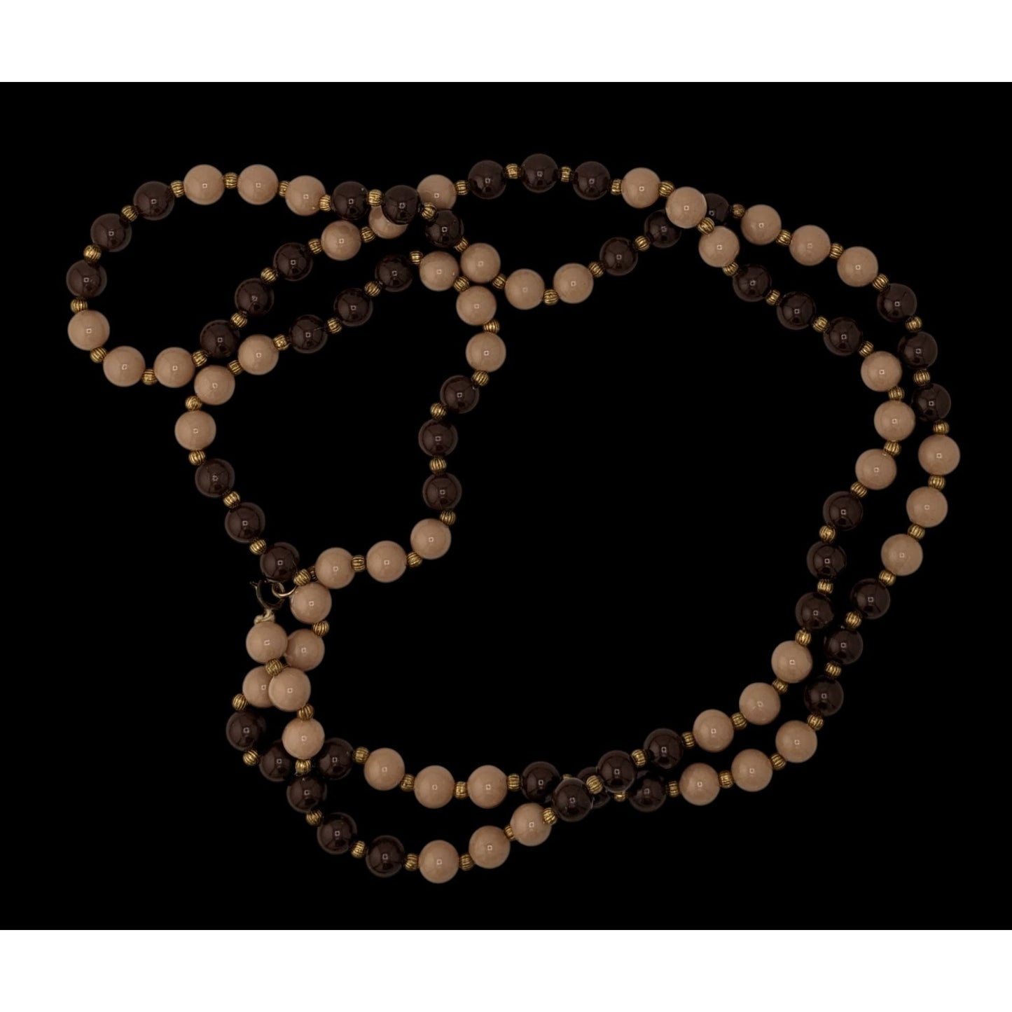Vintage Brown And Beige Long Beaded Necklace With Gold Tone Spacers