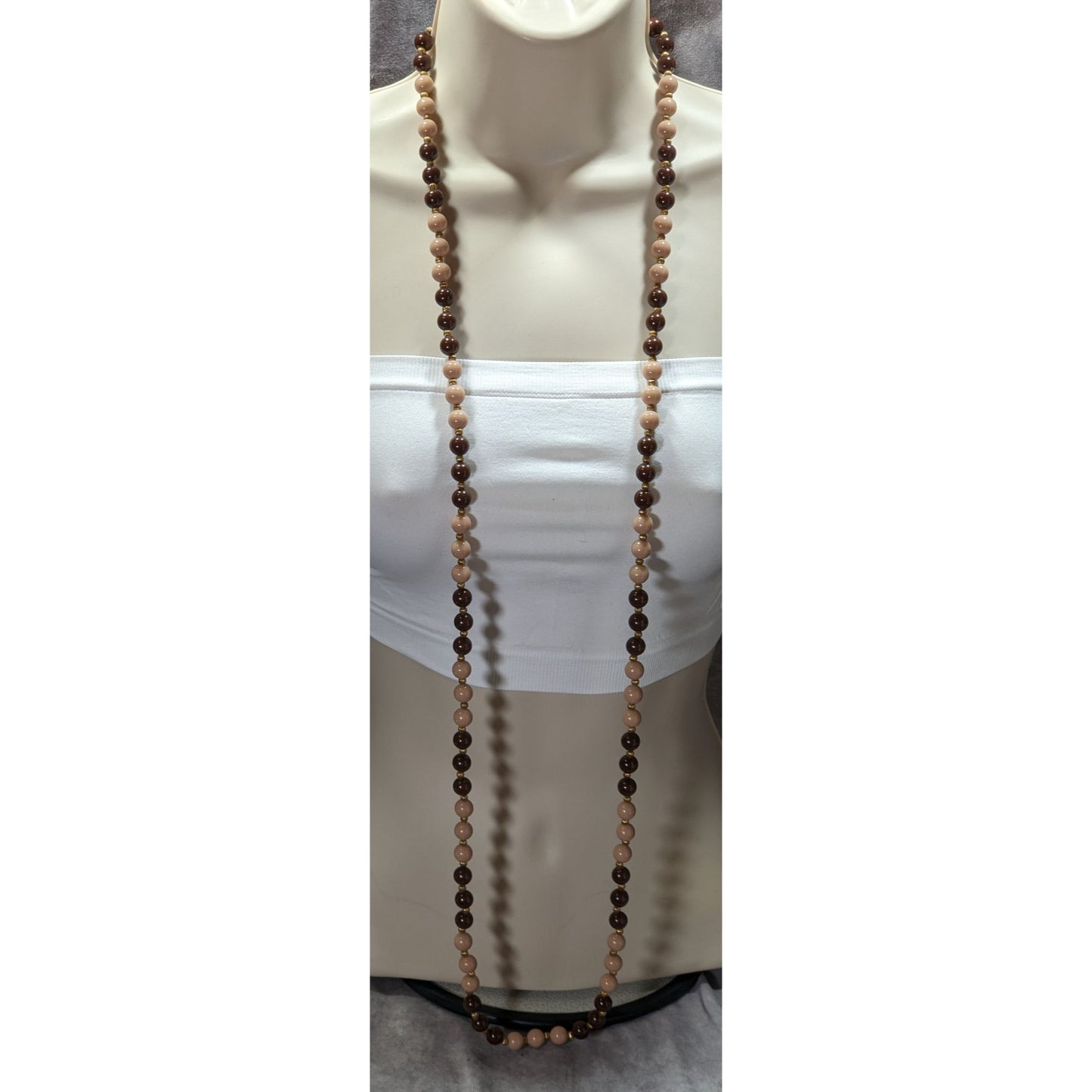 Vintage Brown And Beige Long Beaded Necklace With Gold Tone Spacers