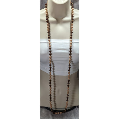 Vintage Brown And Beige Long Beaded Necklace With Gold Tone Spacers