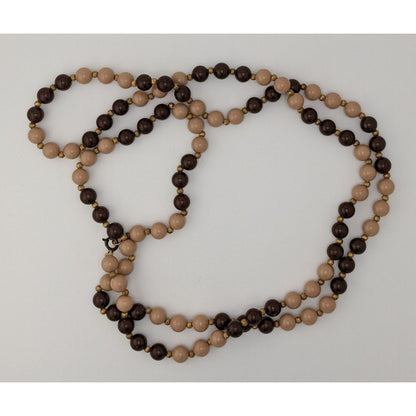 Vintage Brown And Beige Long Beaded Necklace With Gold Tone Spacers