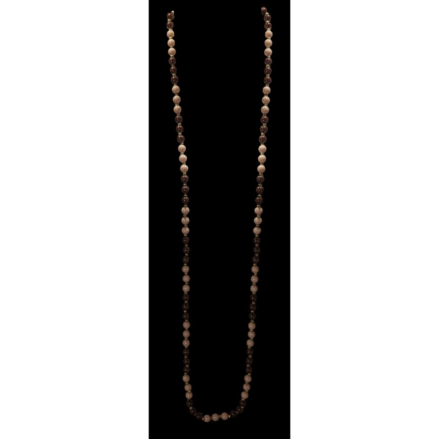 Vintage Brown And Beige Long Beaded Necklace With Gold Tone Spacers