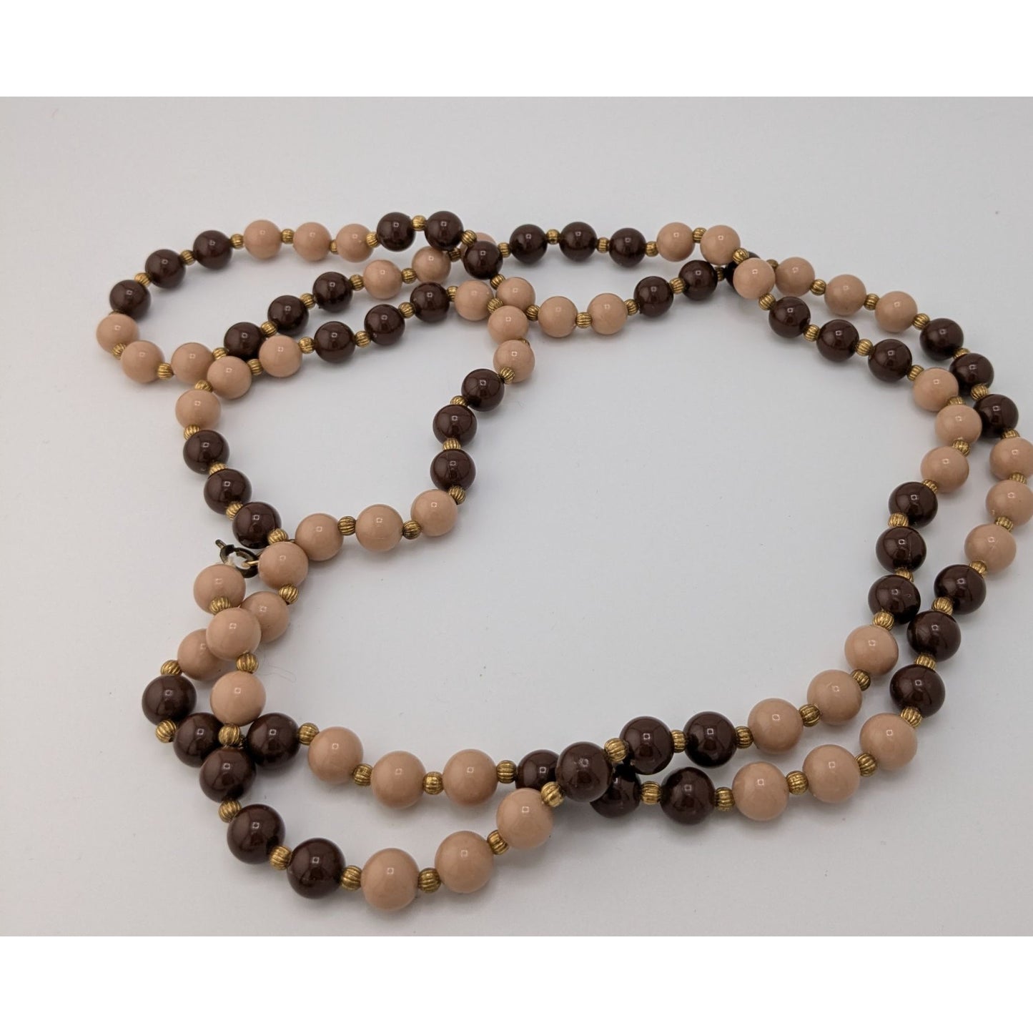 Vintage Brown And Beige Long Beaded Necklace With Gold Tone Spacers