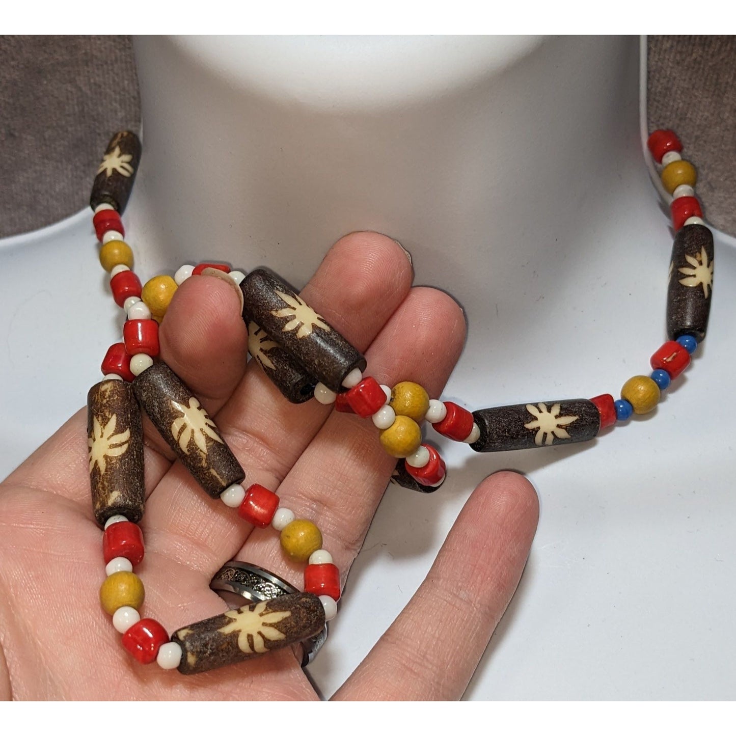 Vintage 90s Hand-Carved Wooden Beaded Necklace