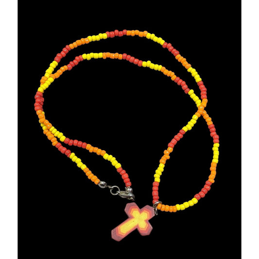 Handmade Fire Themed Beaded Cross Necklace
