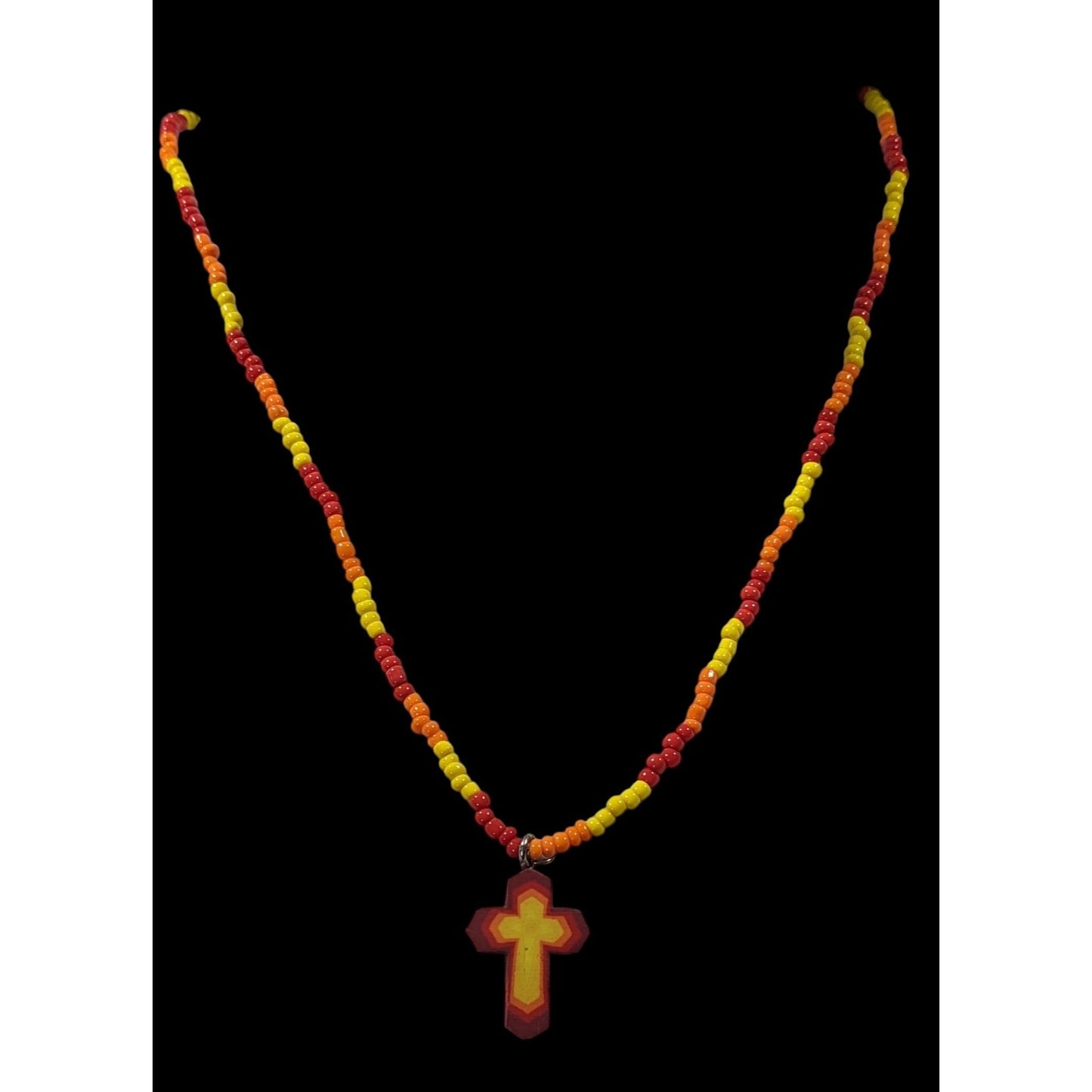 Handmade Fire Themed Beaded Cross Necklace