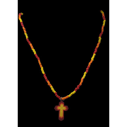 Handmade Fire Themed Beaded Cross Necklace