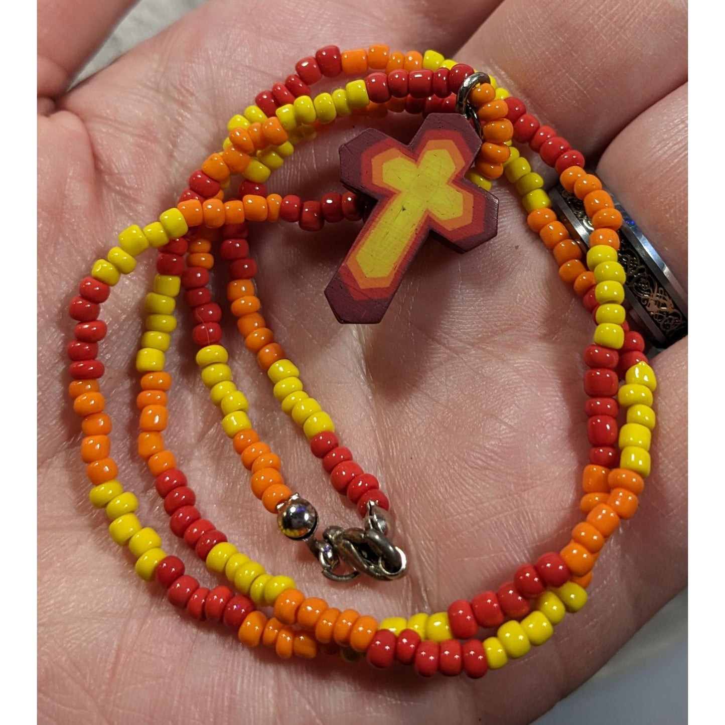 Handmade Fire Themed Beaded Cross Necklace
