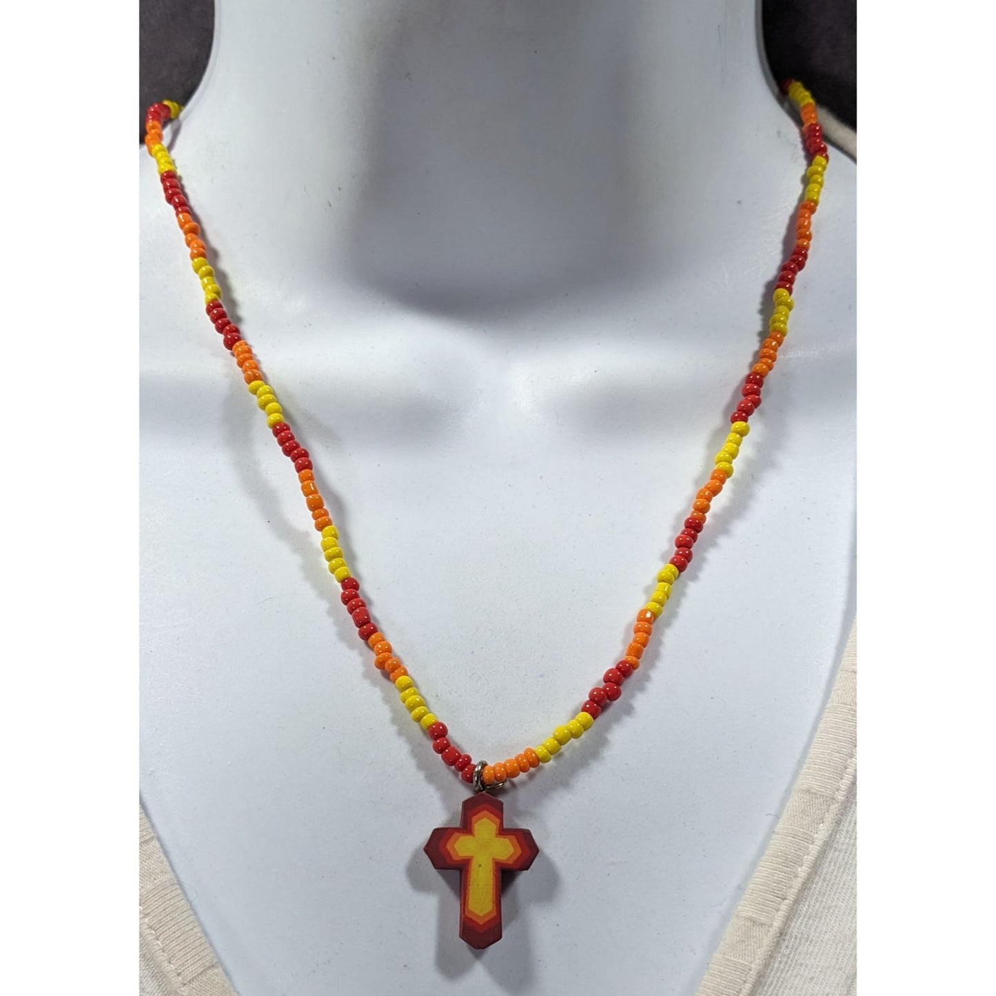 Handmade Fire Themed Beaded Cross Necklace