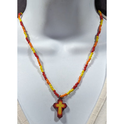 Handmade Fire Themed Beaded Cross Necklace