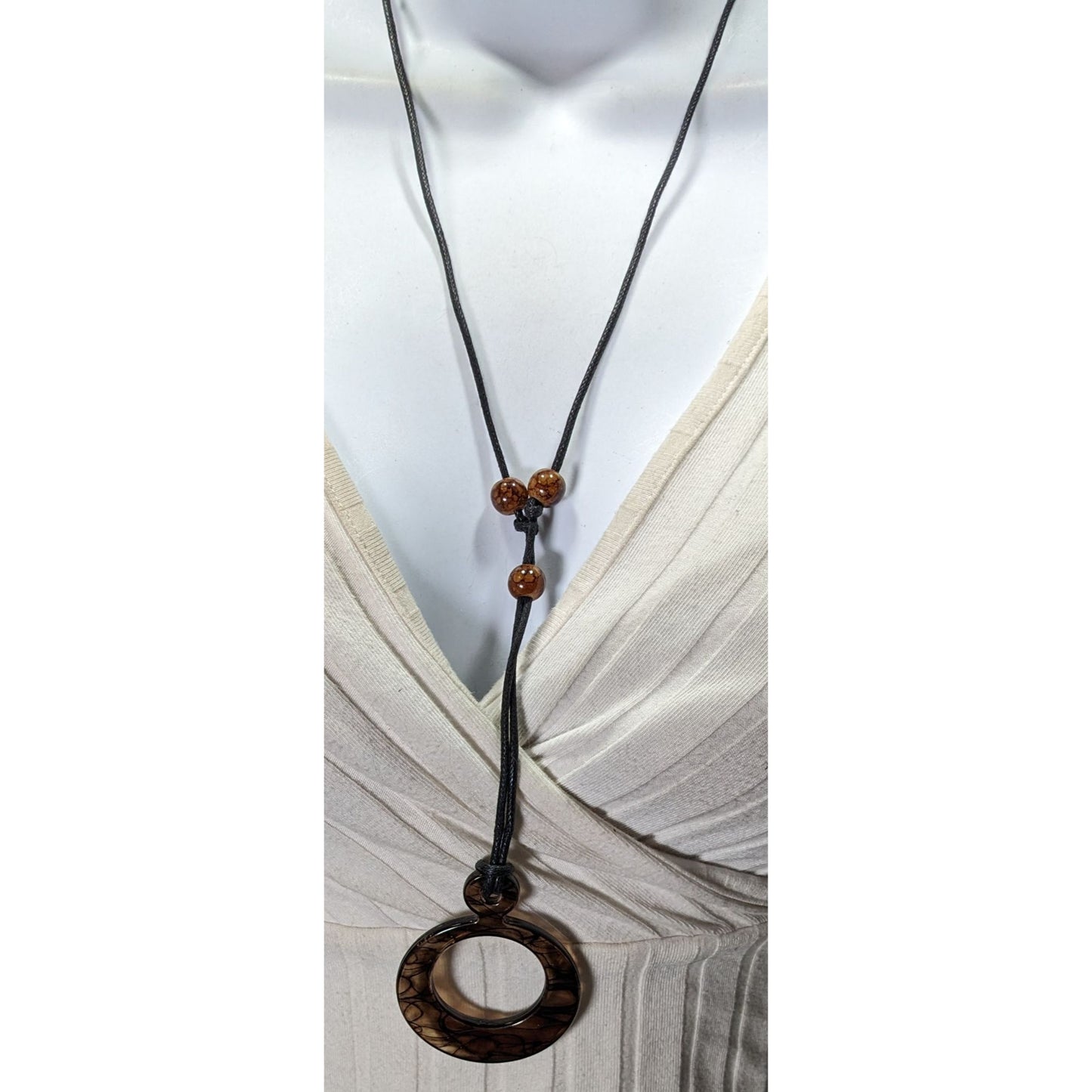 Brown Resin Pendant Necklace With Adjustable Black Cord & Beaded Accents