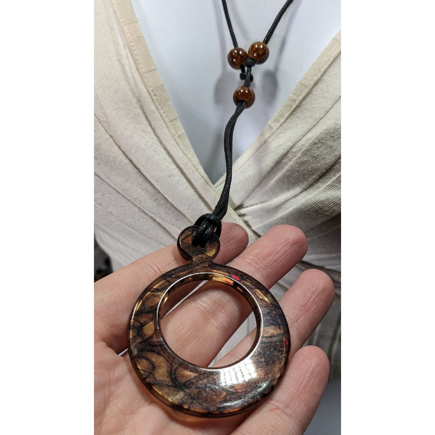 Brown Resin Pendant Necklace With Adjustable Black Cord & Beaded Accents