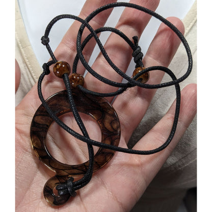 Brown Resin Pendant Necklace With Adjustable Black Cord & Beaded Accents