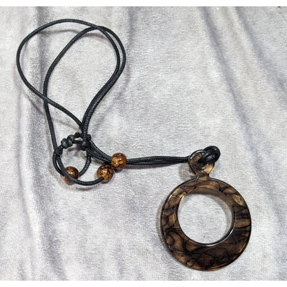 Brown Resin Pendant Necklace With Adjustable Black Cord & Beaded Accents