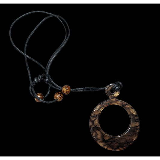 Brown Resin Pendant Necklace With Adjustable Black Cord & Beaded Accents