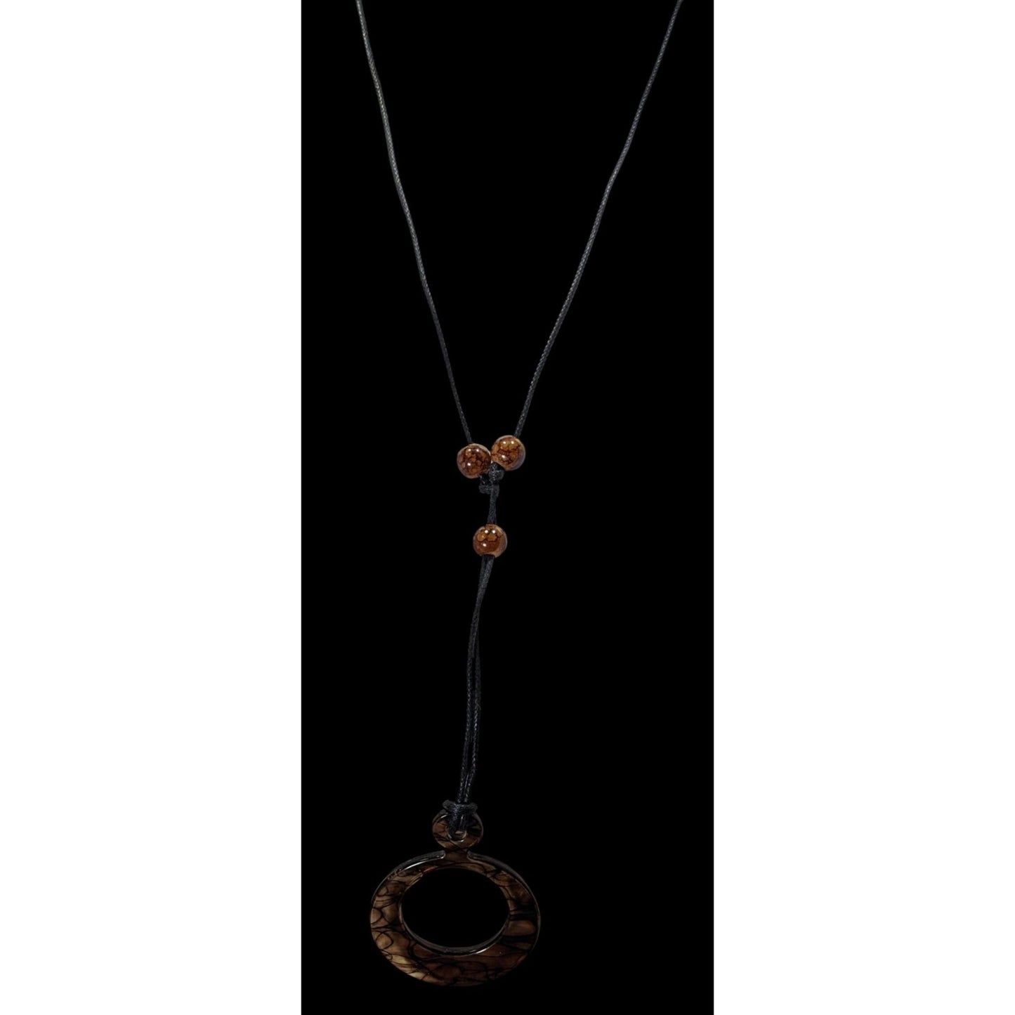 Brown Resin Pendant Necklace With Adjustable Black Cord & Beaded Accents