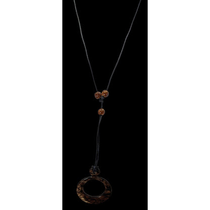 Brown Resin Pendant Necklace With Adjustable Black Cord & Beaded Accents