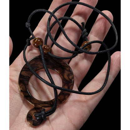 Brown Resin Pendant Necklace With Adjustable Black Cord & Beaded Accents