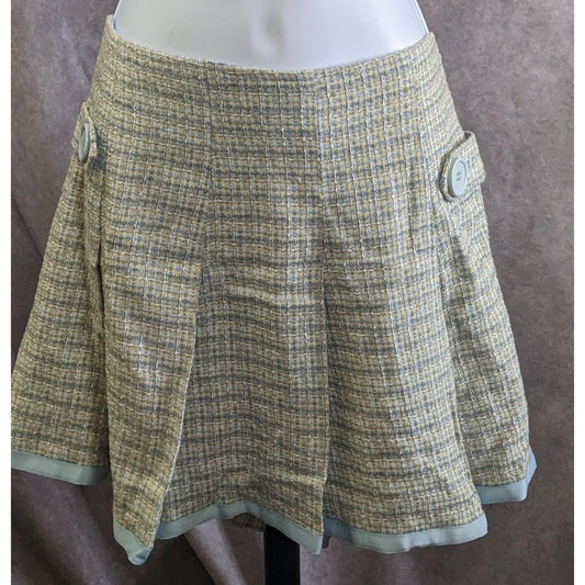 Preppy Identity By Lord & Taylor Womens Tweed Skirt Yellow & Blue Plaid With Button Accents Acrylic Made In USA