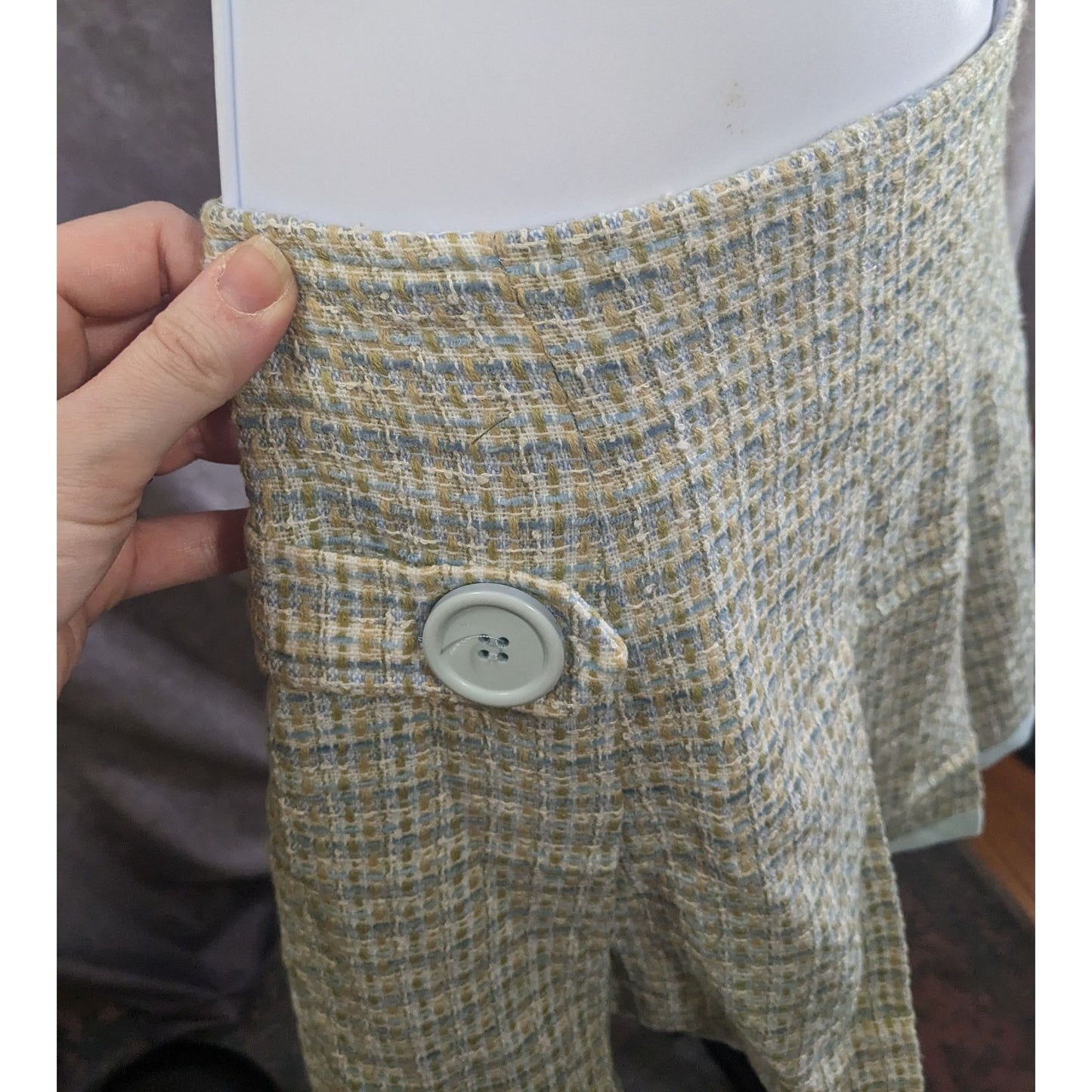 Preppy Identity By Lord & Taylor Womens Tweed Skirt Yellow & Blue Plaid With Button Accents Acrylic Made In USA