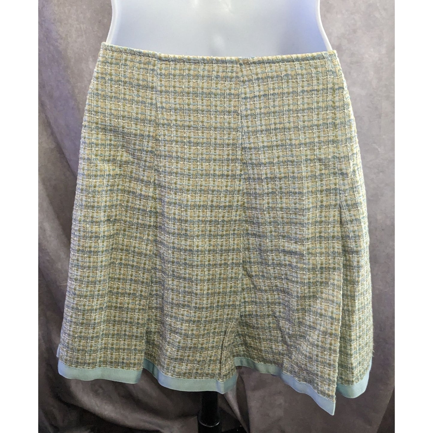 Preppy Identity By Lord & Taylor Womens Tweed Skirt Yellow & Blue Plaid With Button Accents Acrylic Made In USA