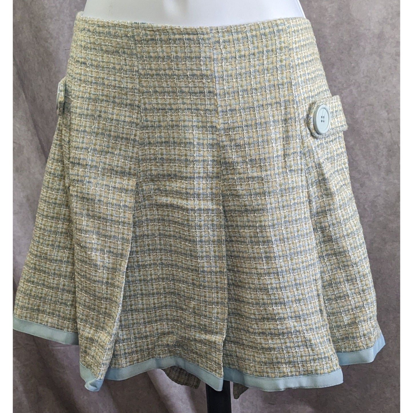 Preppy Identity By Lord & Taylor Womens Tweed Skirt Yellow & Blue Plaid With Button Accents Acrylic Made In USA