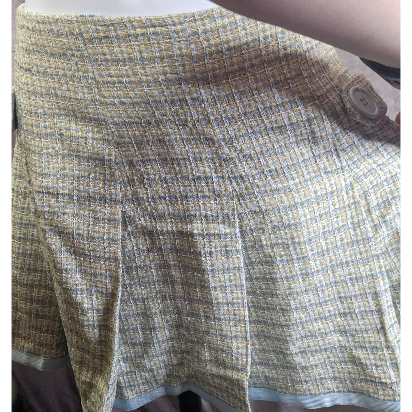 Preppy Identity By Lord & Taylor Womens Tweed Skirt Yellow & Blue Plaid With Button Accents Acrylic Made In USA