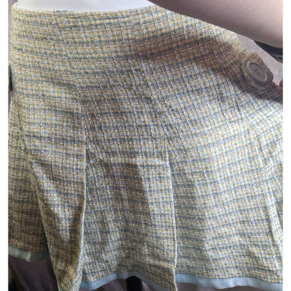Preppy Identity By Lord & Taylor Womens Tweed Skirt Yellow & Blue Plaid With Button Accents Acrylic Made In USA