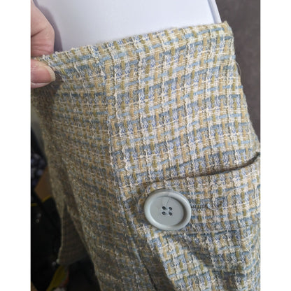 Preppy Identity By Lord & Taylor Womens Tweed Skirt Yellow & Blue Plaid With Button Accents Acrylic Made In USA