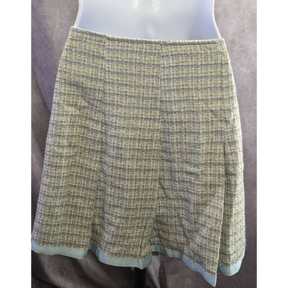 Preppy Identity By Lord & Taylor Womens Tweed Skirt Yellow & Blue Plaid With Button Accents Acrylic Made In USA