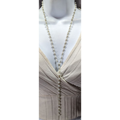 Elegant White Glass Beaded Lariat Necklace On Gold Tone Chain