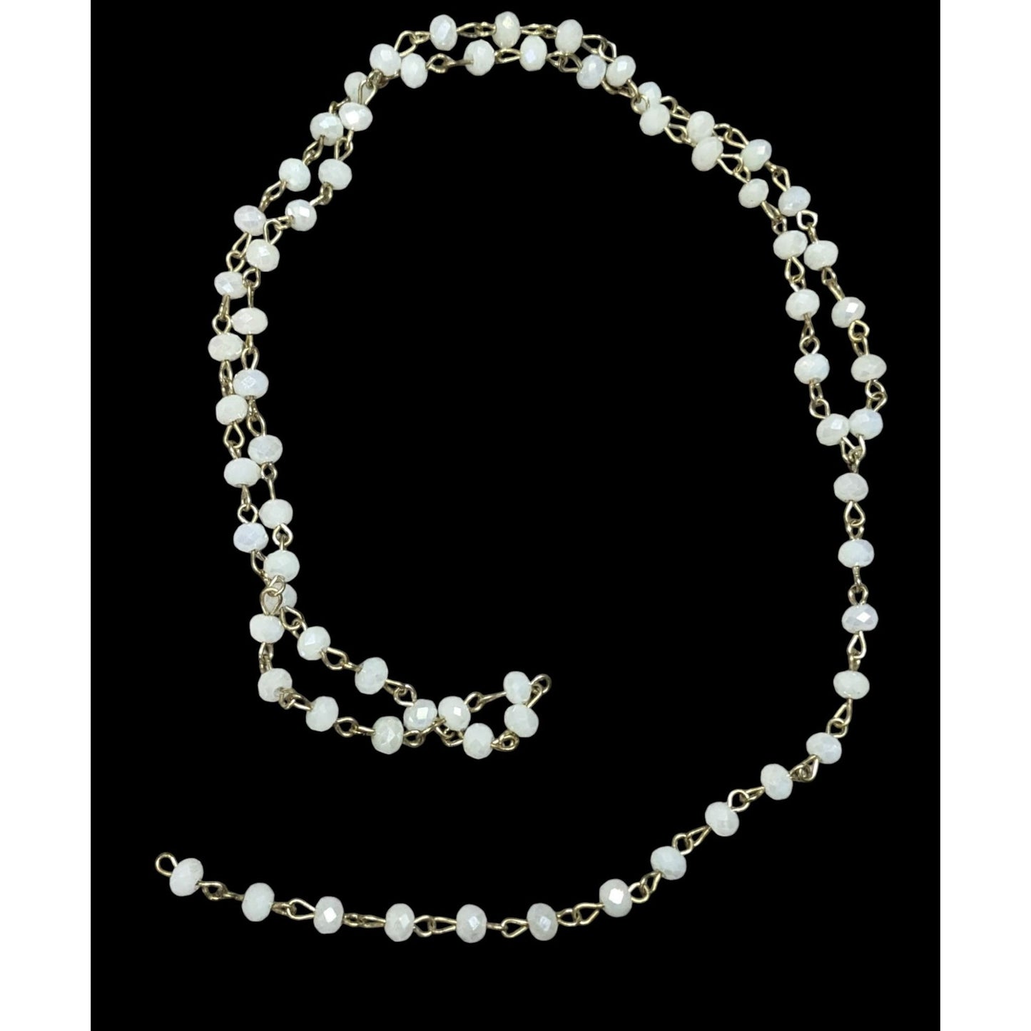 Elegant White Glass Beaded Lariat Necklace On Gold Tone Chain