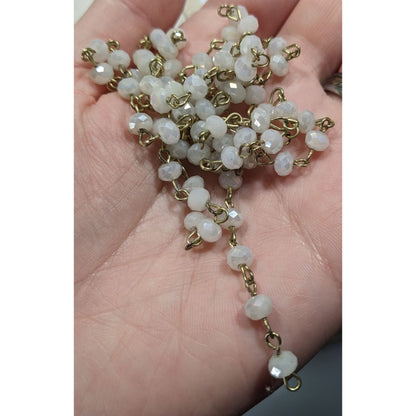 Elegant White Glass Beaded Lariat Necklace On Gold Tone Chain