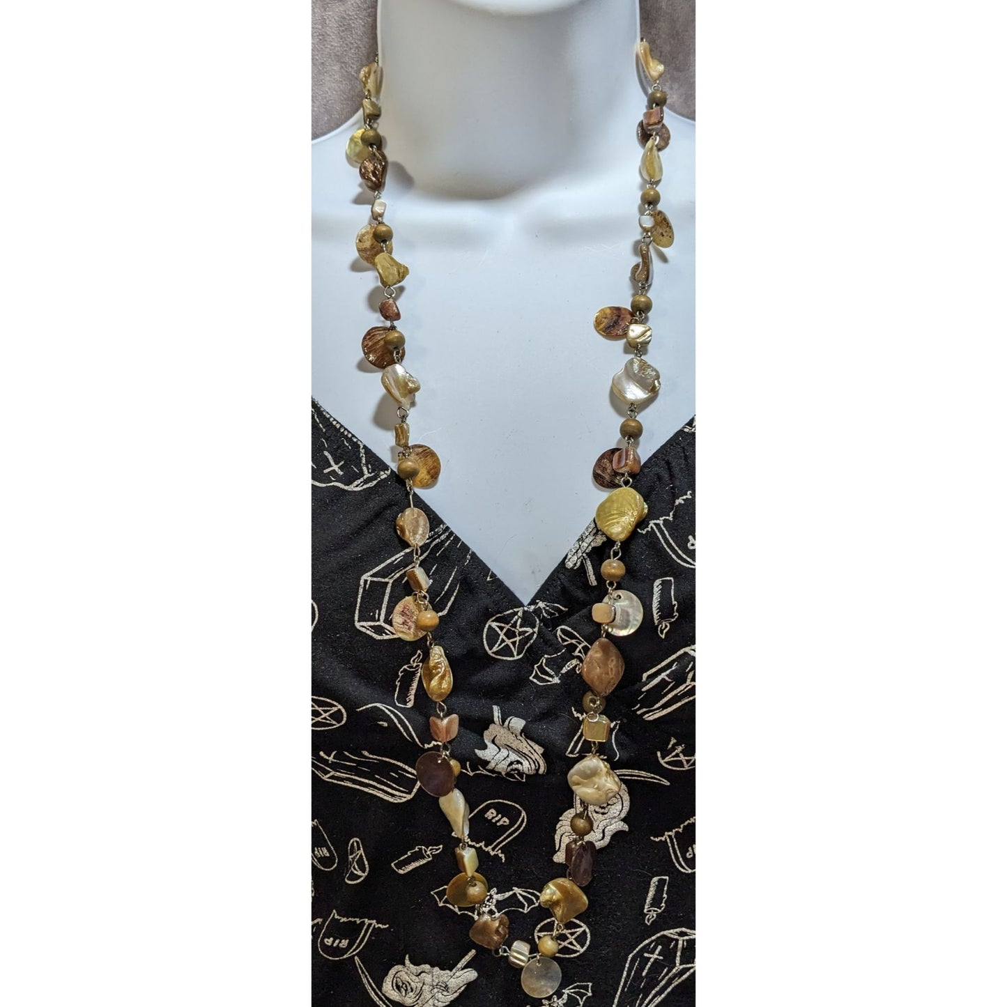 NY Collection Shell Pearl Beaded Necklace Long Boho Coastal Earthy Statement Jewelry
