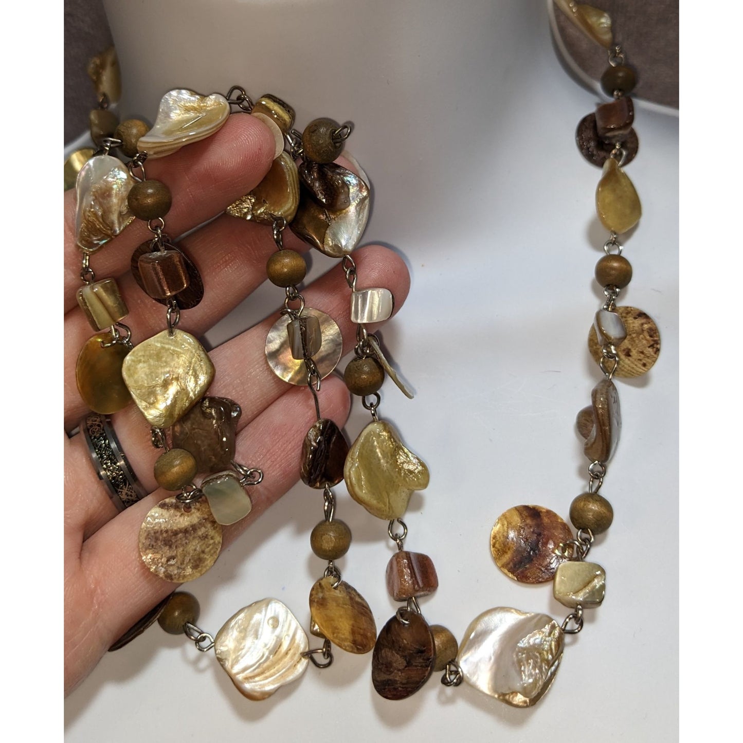 NY Collection Shell Pearl Beaded Necklace Long Boho Coastal Earthy Statement Jewelry