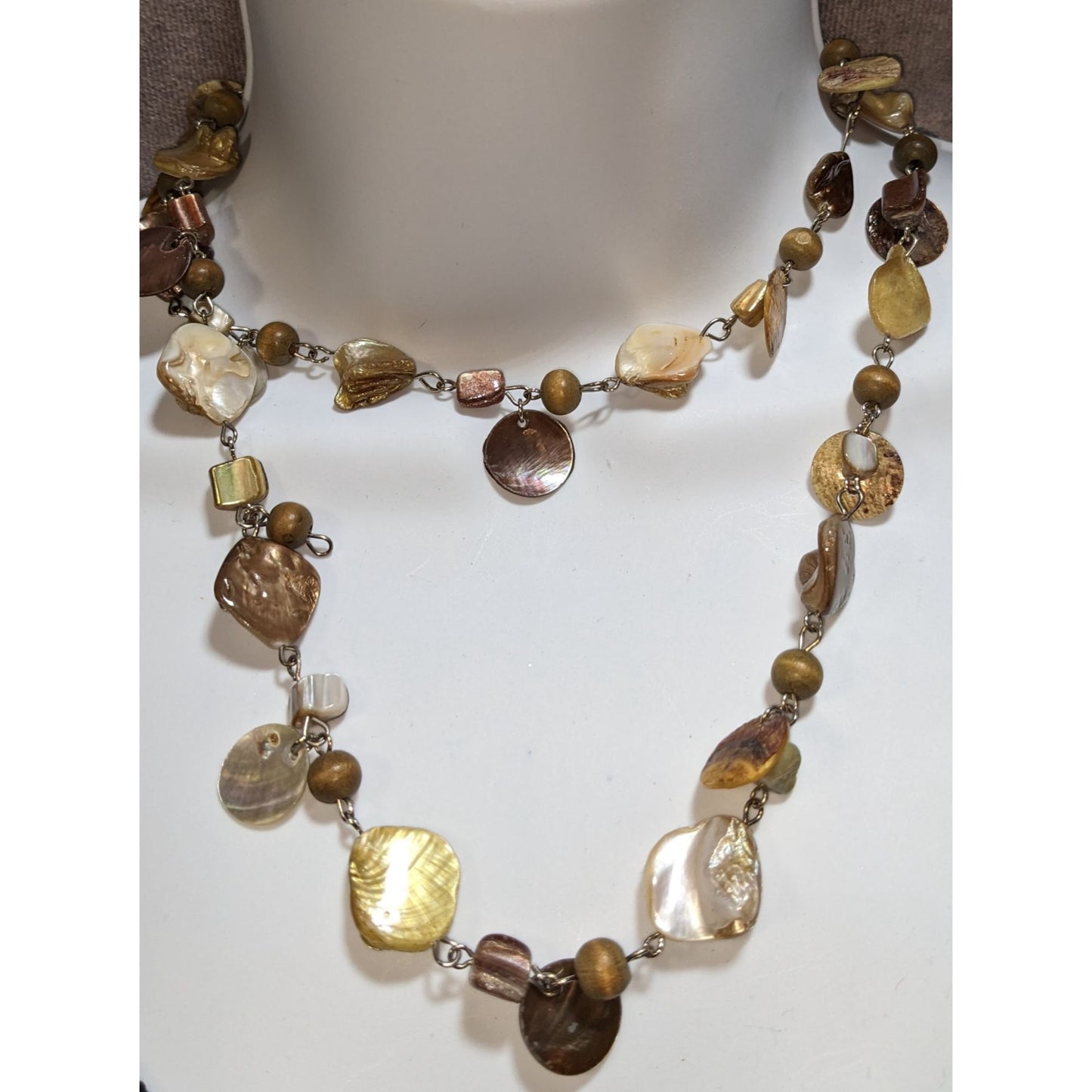 NY Collection Shell Pearl Beaded Necklace Long Boho Coastal Earthy Statement Jewelry