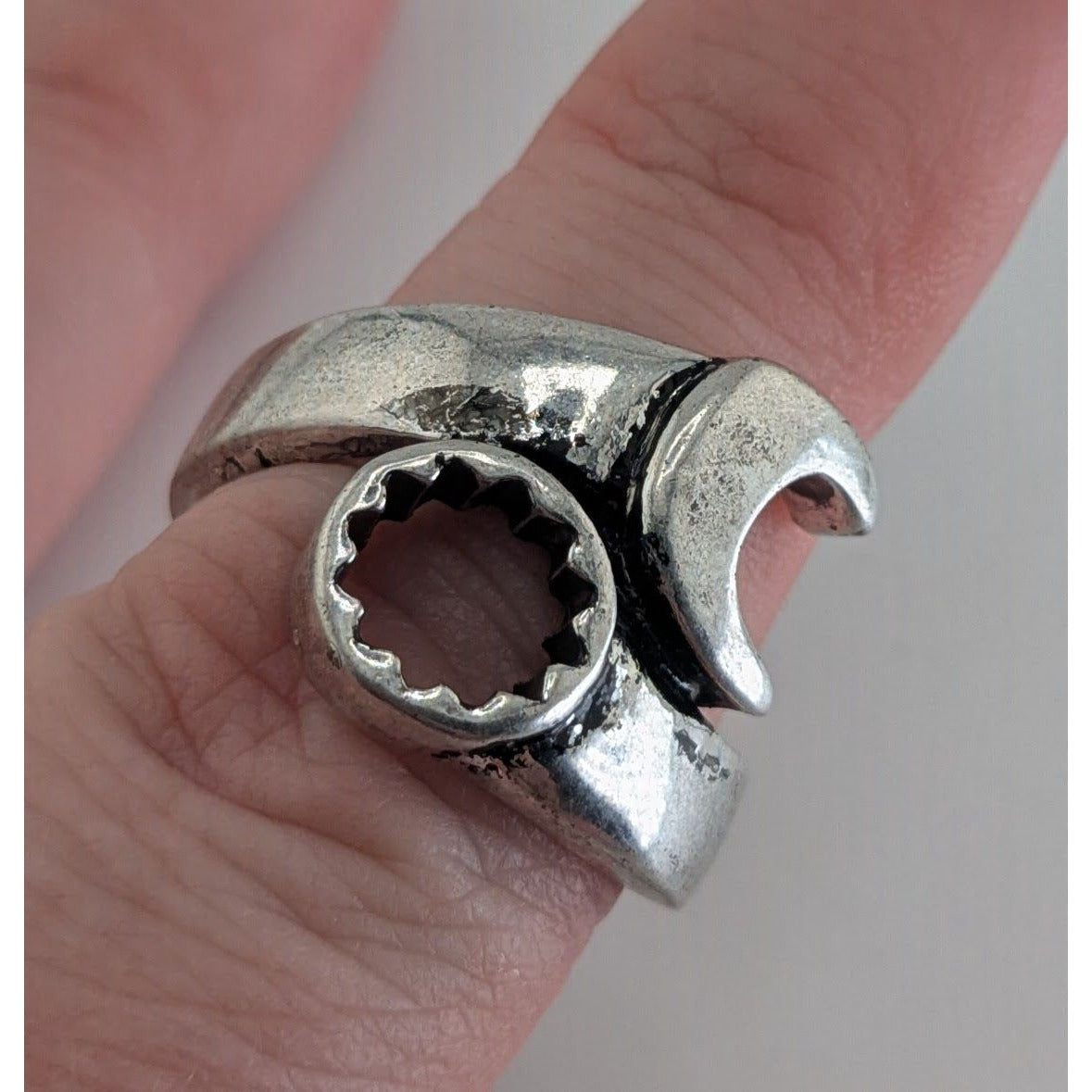 Industrial Biker Mechanic Wrench Ring Silver Tone Fixed Size Statement