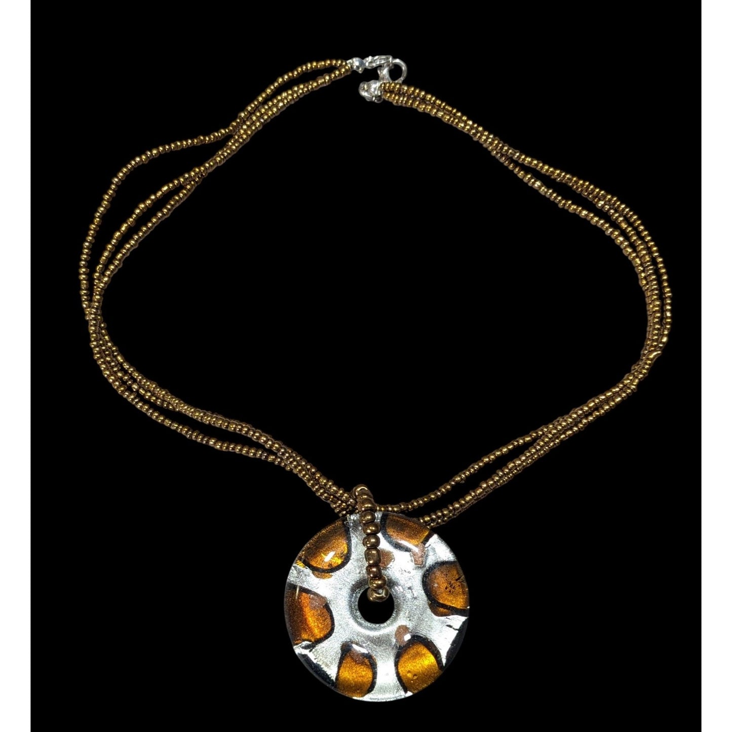 Metallic Glass Donut Pendant Necklace Silver And Gold Tone With Gold Glass Seed Beads