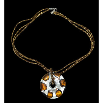 Metallic Glass Donut Pendant Necklace Silver And Gold Tone With Gold Glass Seed Beads