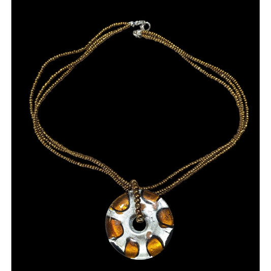 Metallic Glass Donut Pendant Necklace Silver And Gold Tone With Gold Glass Seed Beads