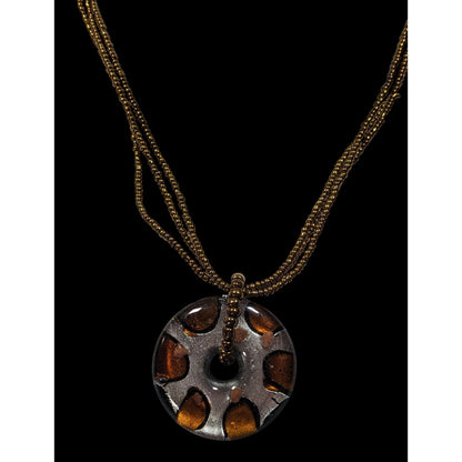 Metallic Glass Donut Pendant Necklace Silver And Gold Tone With Gold Glass Seed Beads