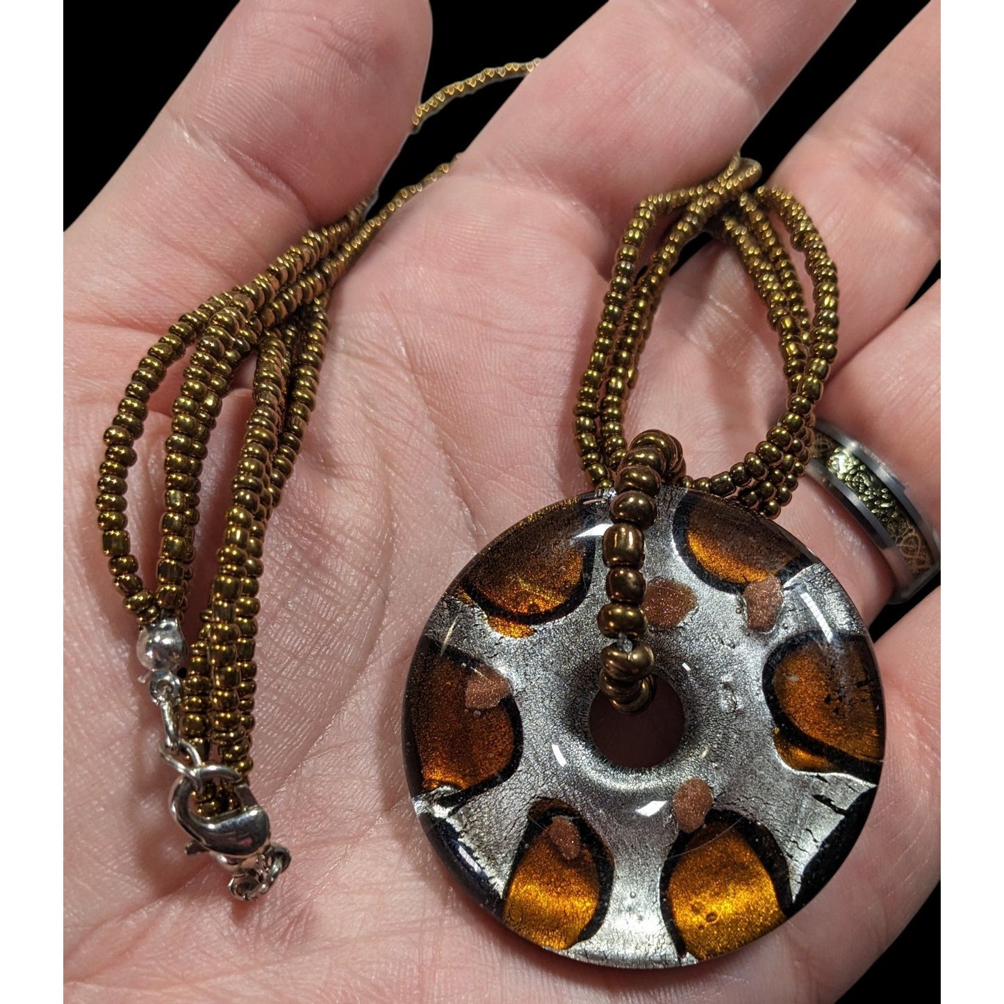 Metallic Glass Donut Pendant Necklace Silver And Gold Tone With Gold Glass Seed Beads